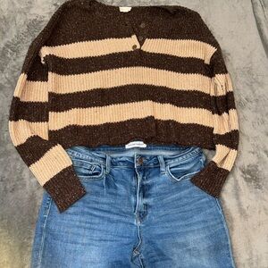 Hem & Thread Chocolate and Beige V-Neck Sweater